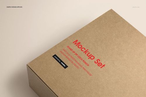 Natural kraft packaging box mockup displayed at an angle, featuring a plain brown texture and minimal text on the lid.