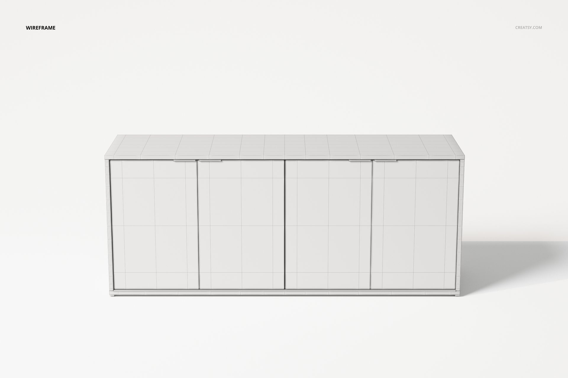 Minimalist sideboard 3D model in wireframe view, rectangular shape with clean lines, shown from the front.