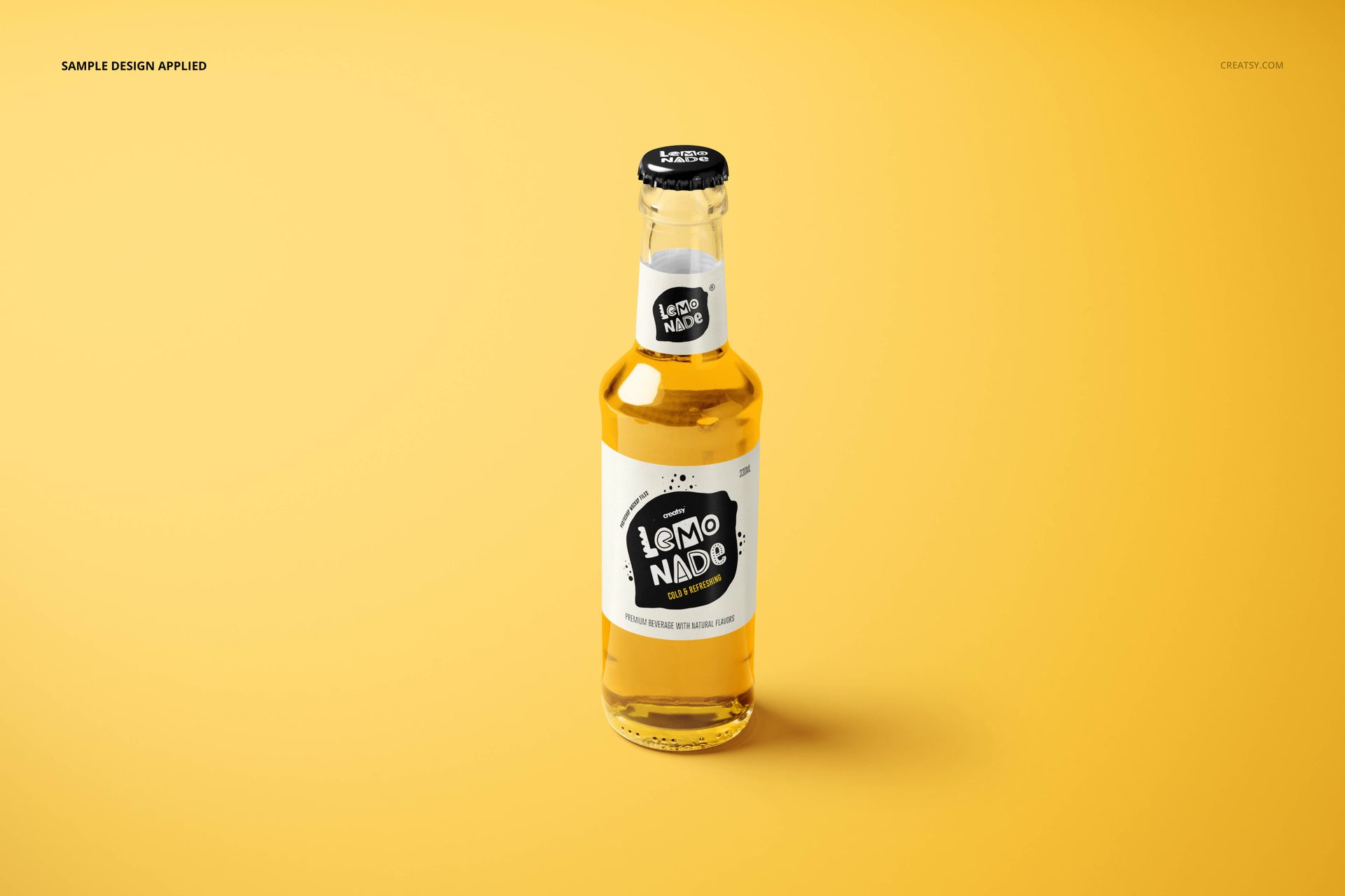 Front view of a lemonade glass bottle with a black and white label on a solid yellow background, mockup scene.
