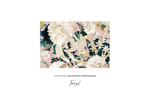 Front view of thread snips and cotton ribbons mockup featuring floral patterns on a soft pink background.