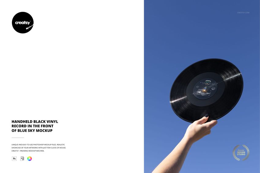 Handheld Black Viny Record in the Front of Blue Sky Mockup - mockup screenshot 1
