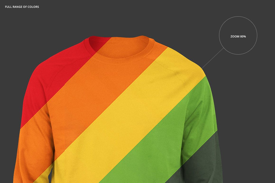 Front view of a raglan longsleeve shirt mockup with diagonal stripes in red, orange, yellow, and green on a dark background.
