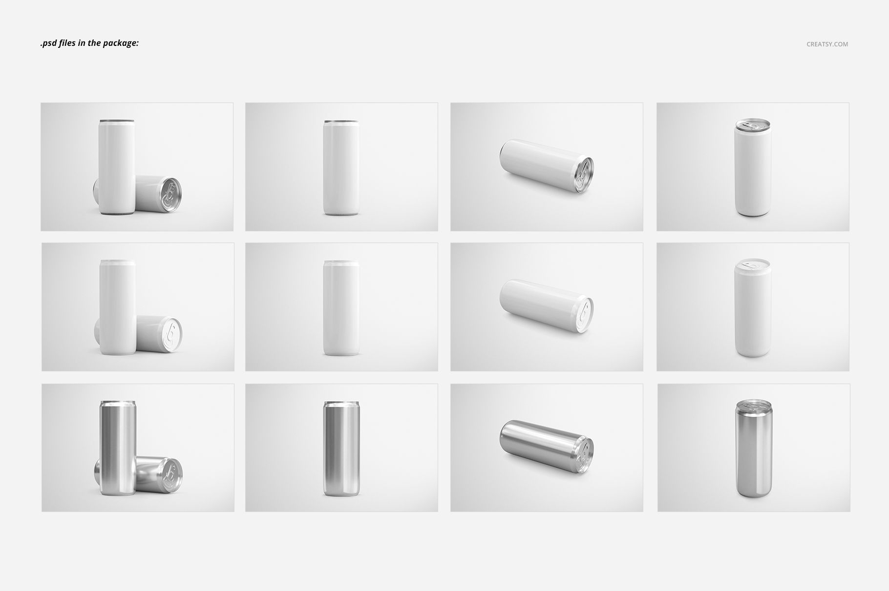 Set of energy drink cans mockup featuring white and metallic cans in various upright and angled positions on a light background.