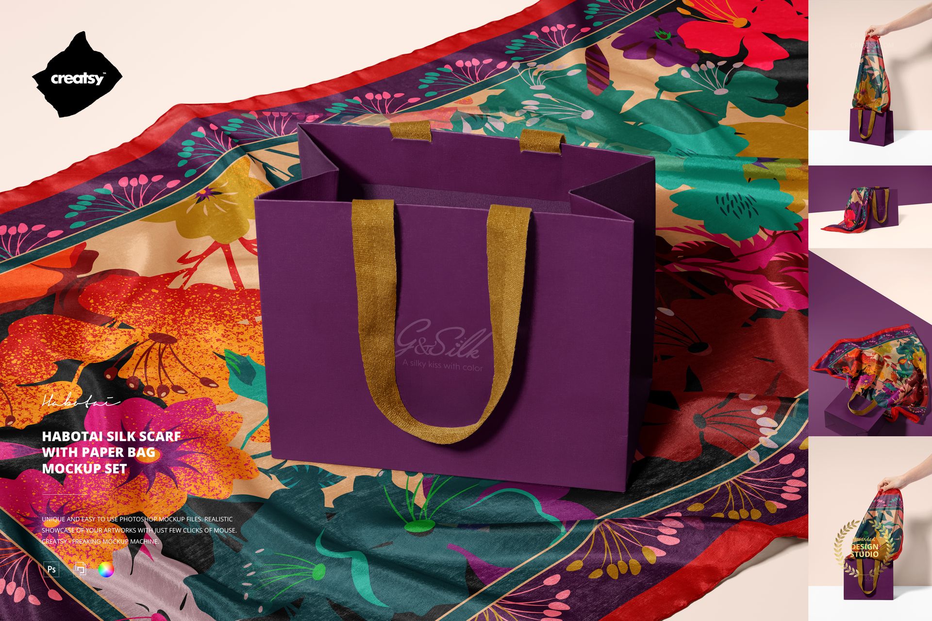 Purple paper bag with gold handles placed on a colorful floral habotai silk scarf, shown in a mockup scene.