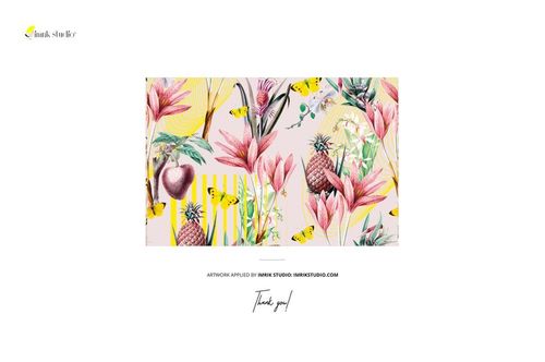 Rectangular cotton fabric mockup featuring a vibrant tropical pattern with pink flowers, pineapples, and yellow butterflies.