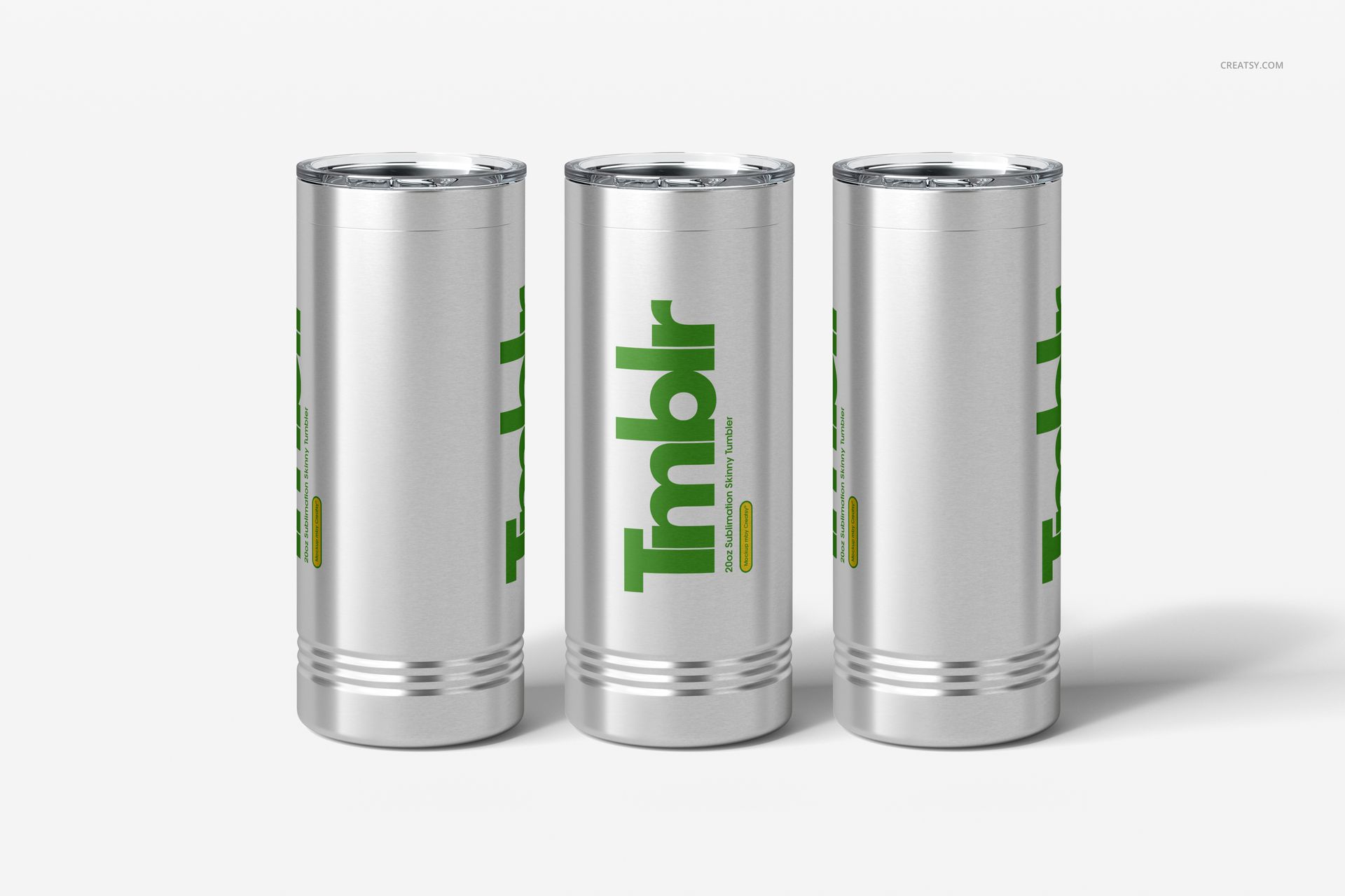 PSD mockup of stainless steel drinkware featuring three tall tumblers with minimal green graphics, displayed on white.