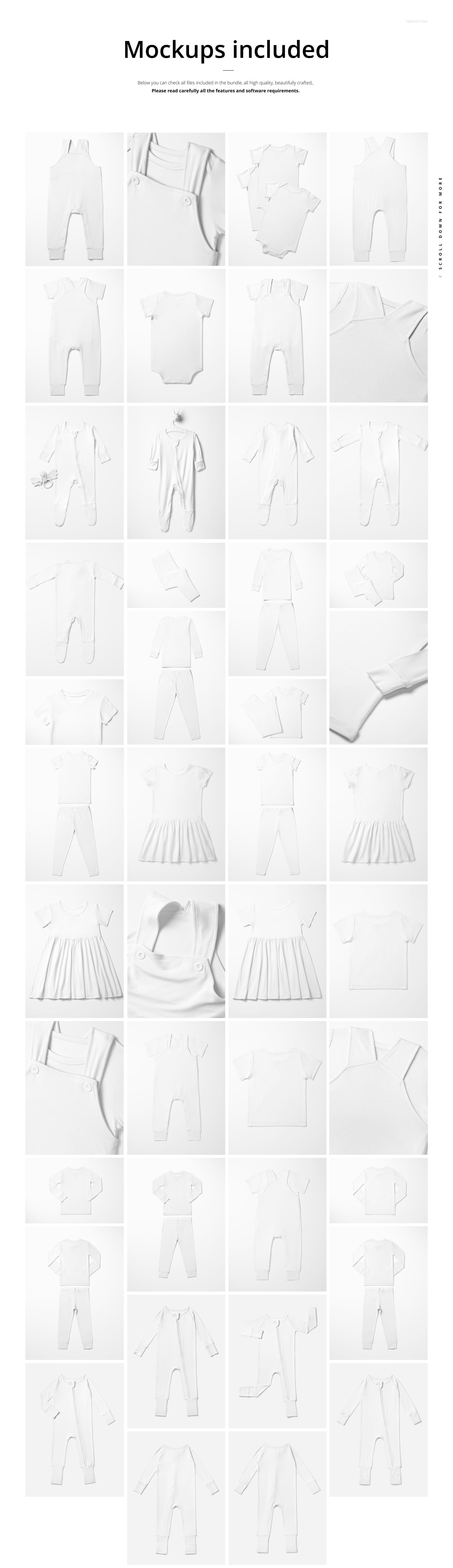Collection of kids clothing mockups including onesies, t-shirts, dresses, and rompers in various flat lay and hanging views.