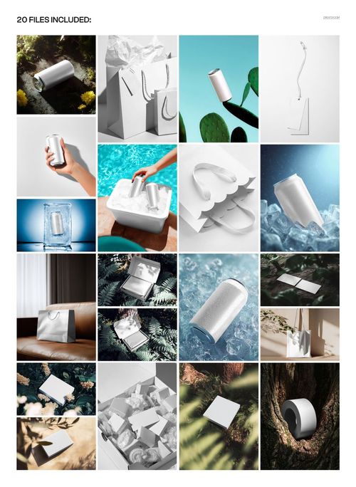 Collage of various branding mockups including white cans, shopping bags, boxes, and cards in different scenes and angles.