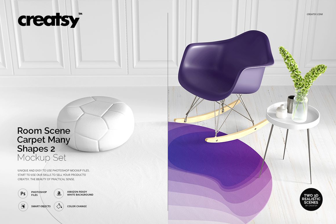 PSD mockup showing a contemporary space with a round carpet, purple chair, and minimalistic decor elements.