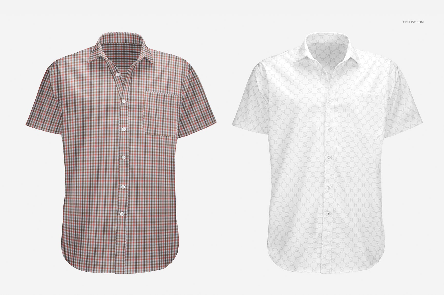 Short sleeve dress shirt PSD mockup showing two shirts, one in a plaid pattern and one with a light geometric print, both on a neutral backdrop.