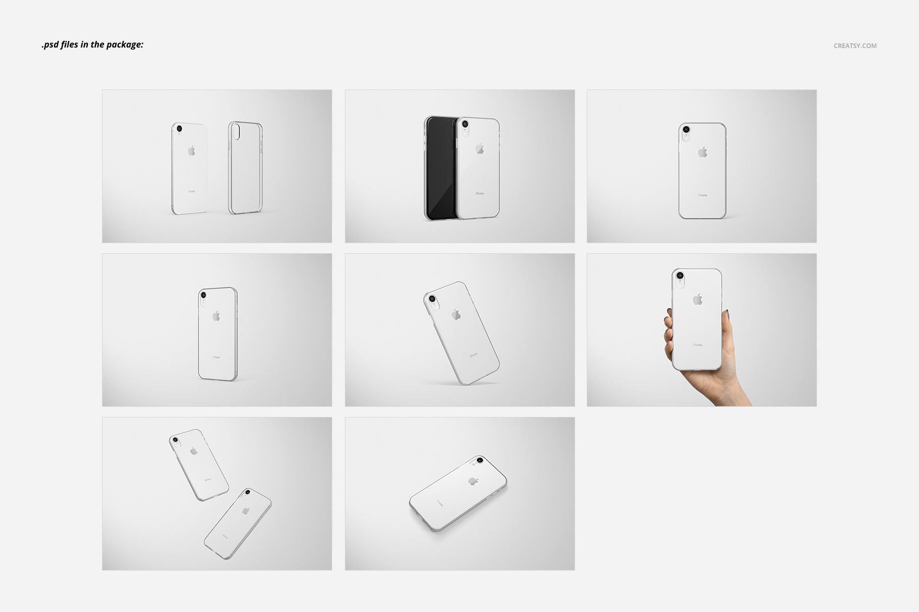 Clear iPhone XR case mockup set showing multiple angles, including front, back, and side views on a light background.