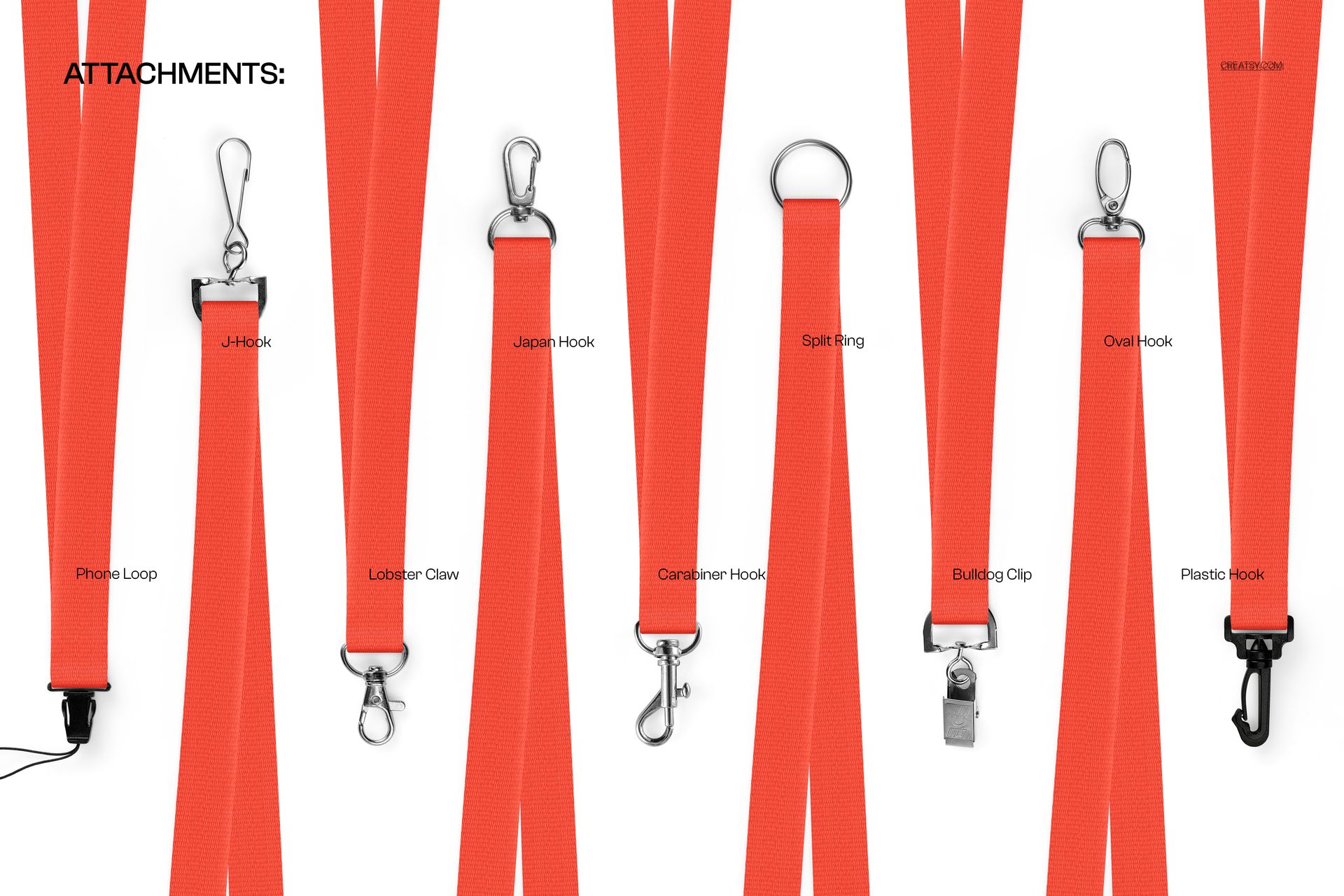 PSD mockup featuring red polyester lanyards with assorted attachment types, photographed from a straight-on perspective.