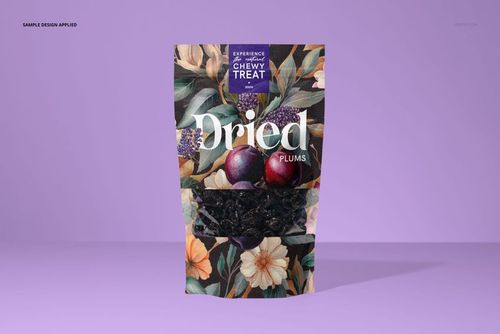 Front view of a paper pouch mockup featuring dried plums, floral pattern, and bold text on a purple background.