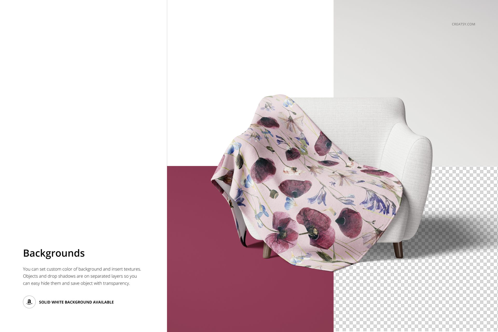 Fleece throw blanket with a floral pattern draped over a white armchair, shown from a front angle in a mockup scene.