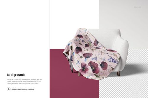 Fleece throw blanket with a floral pattern draped over a white armchair, shown from a front angle in a mockup scene.