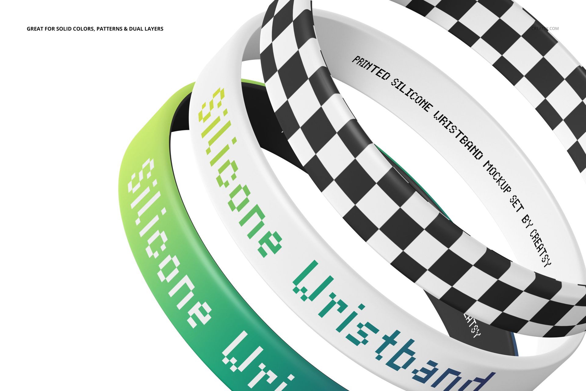 PSD mockup of printed silicone wristbands featuring green, white, and checkered styles arranged in a dynamic composition.