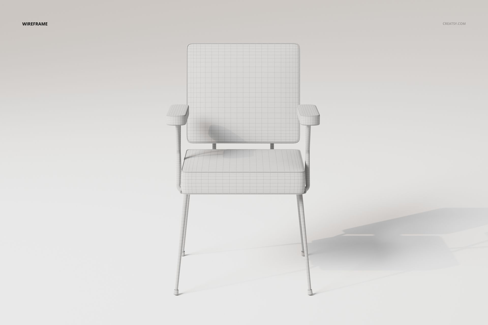 Front view of a modern office chair 3D model in wireframe style, featuring square seat and backrest on slim legs.