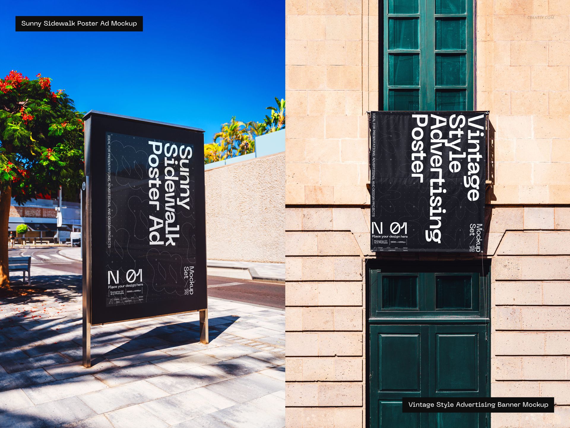 Outdoor advertising mockup bundle featuring a black sidewalk poster and a vertical banner on a stone building in daylight.