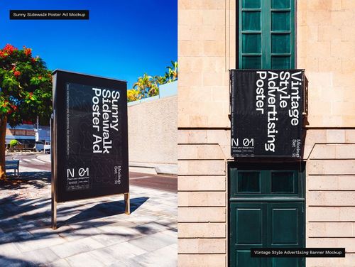 Outdoor advertising mockup bundle featuring a black sidewalk poster and a vertical banner on a stone building in daylight.