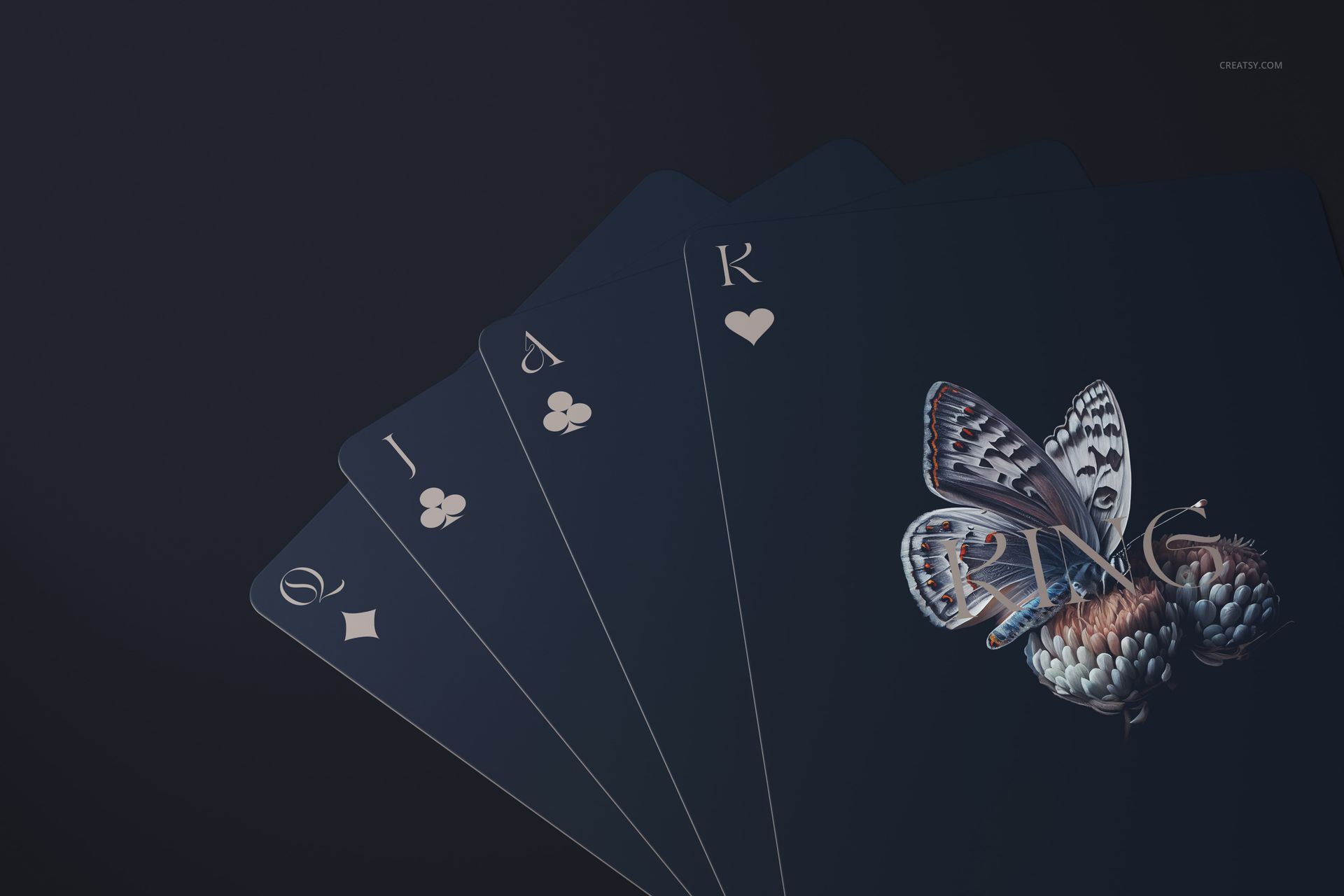 Fanned playing cards mockup with dark blue background, featuring club, diamond, and heart suits and butterfly artwork.