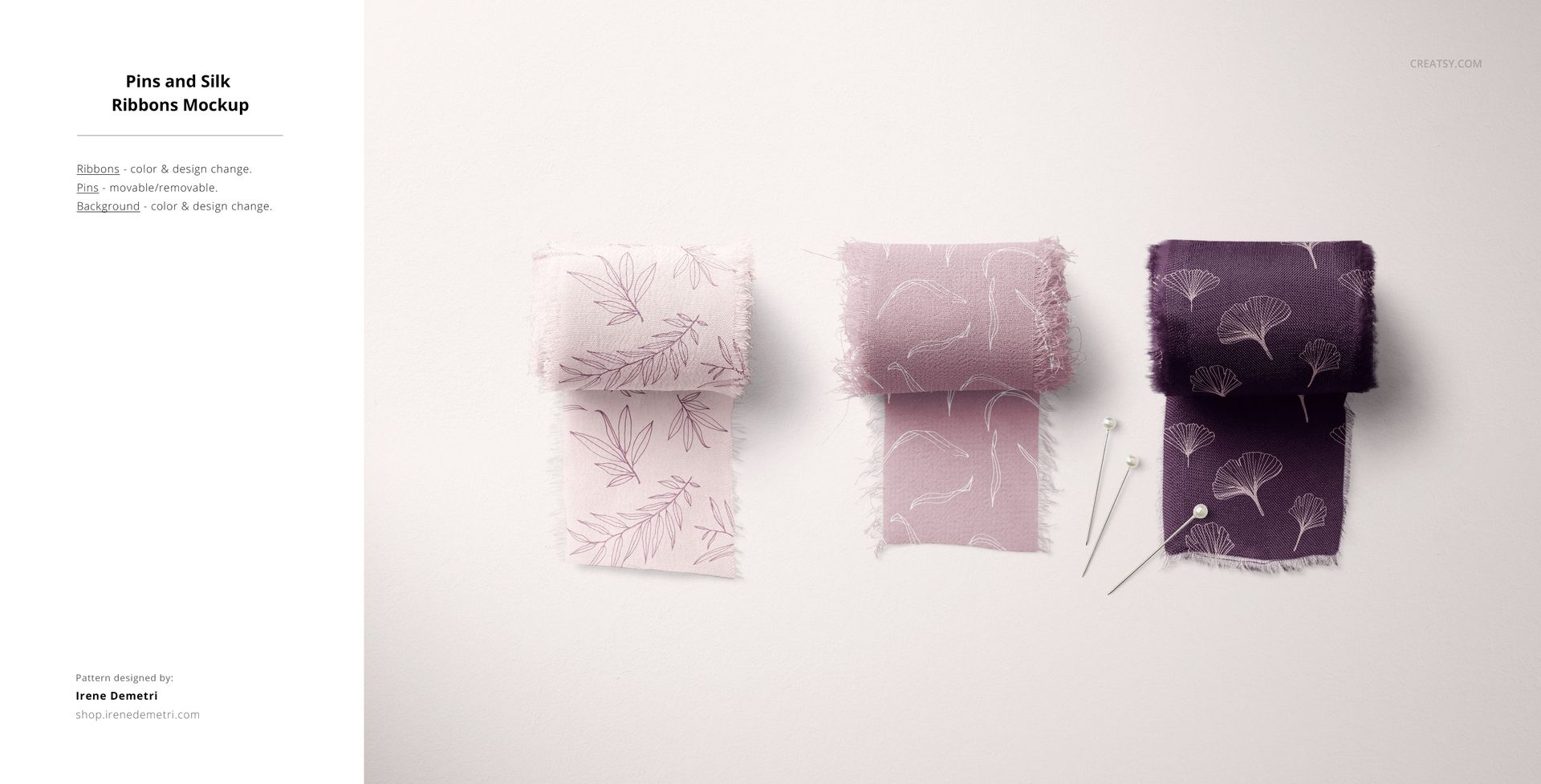 Textile mockup showing three pieces of patterned fabric and sewing pins arranged on a neutral background.