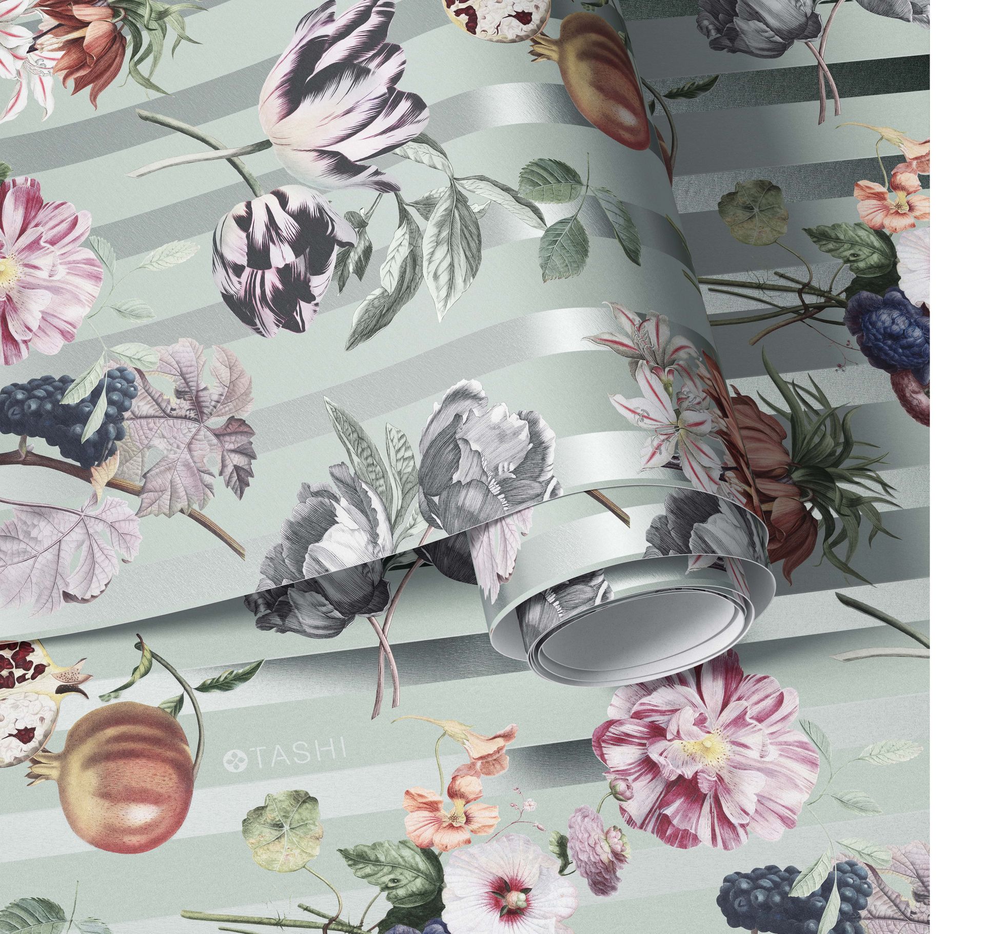 Floral and fruit patterned paper wallpaper mockup displayed in a rolled format with soft green stripes.
