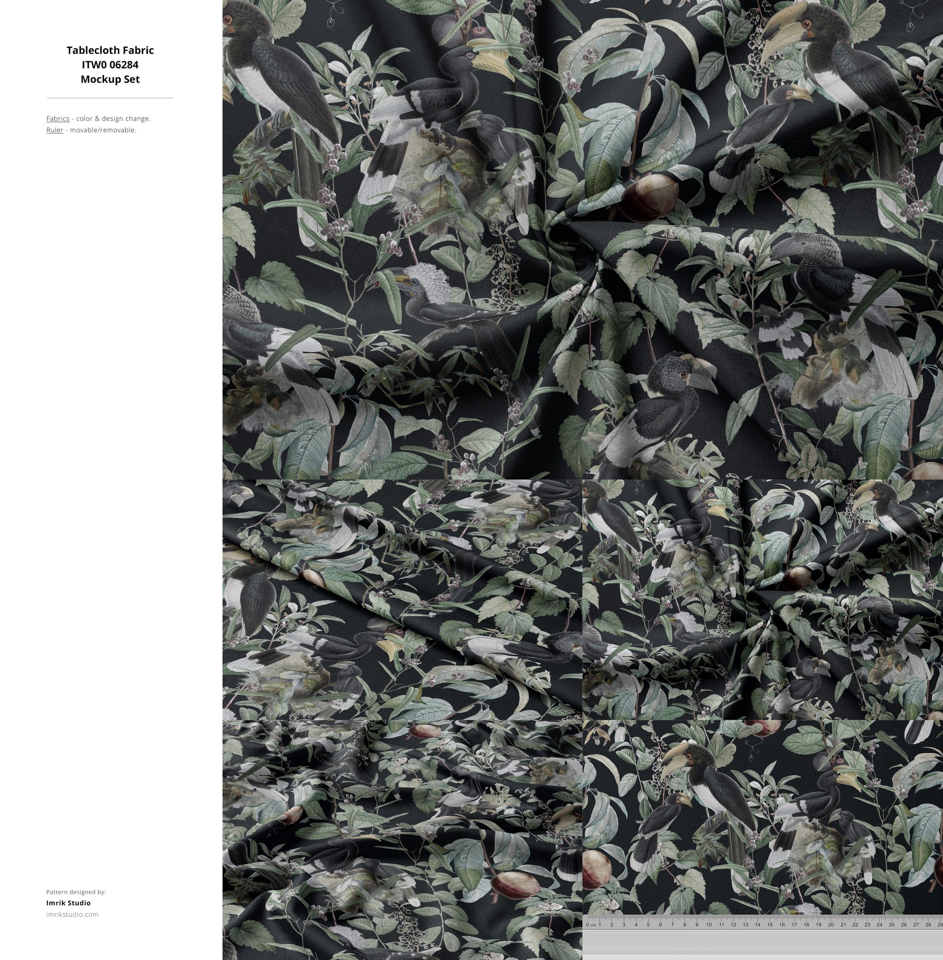 Top-down perspective of a fabric mockup featuring a detailed leafy design with birds and fruits on a black background.