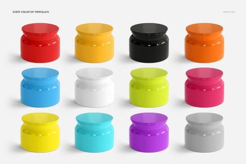 PSD mockup featuring twelve bath accessory containers in different colors, arranged neatly in a grid with a clean backdrop.