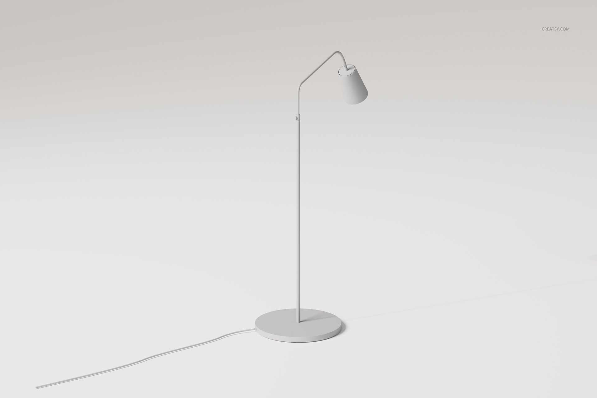 Minimalist modern task lamp with a slender metal stand and angled shade, shown in a neutral white setting, side view.