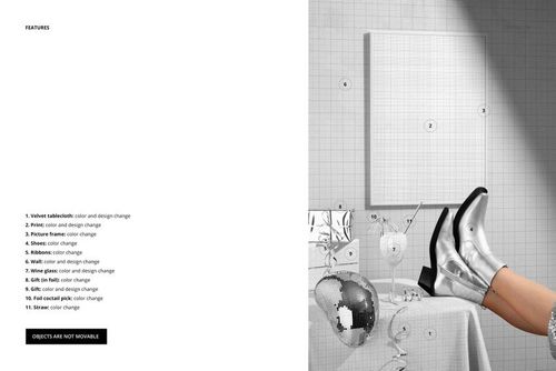 Front view of a picture frame mockup on a party table with wrapped gifts, disco ball, and silver boots in a festive scene.