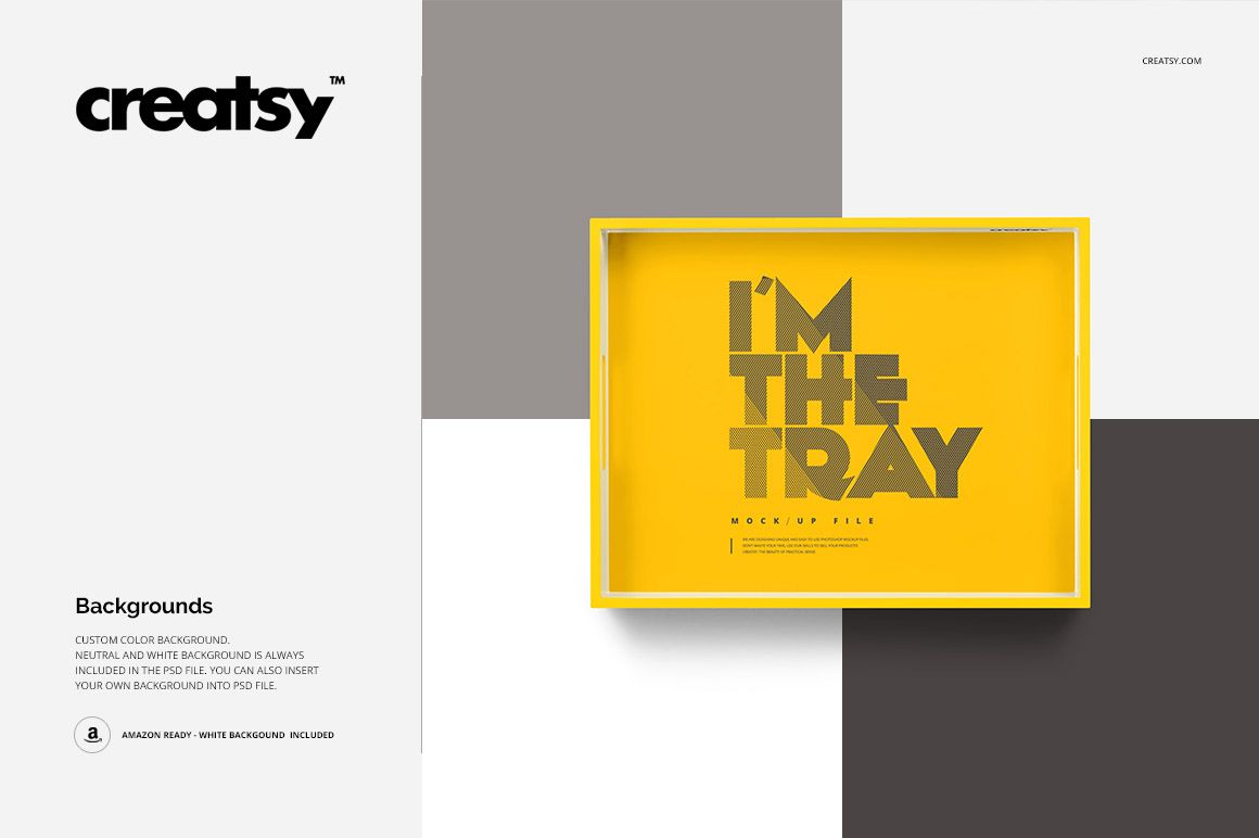 Rectangular tray mockup with a bold yellow surface and gray text, viewed from above on a geometric background.