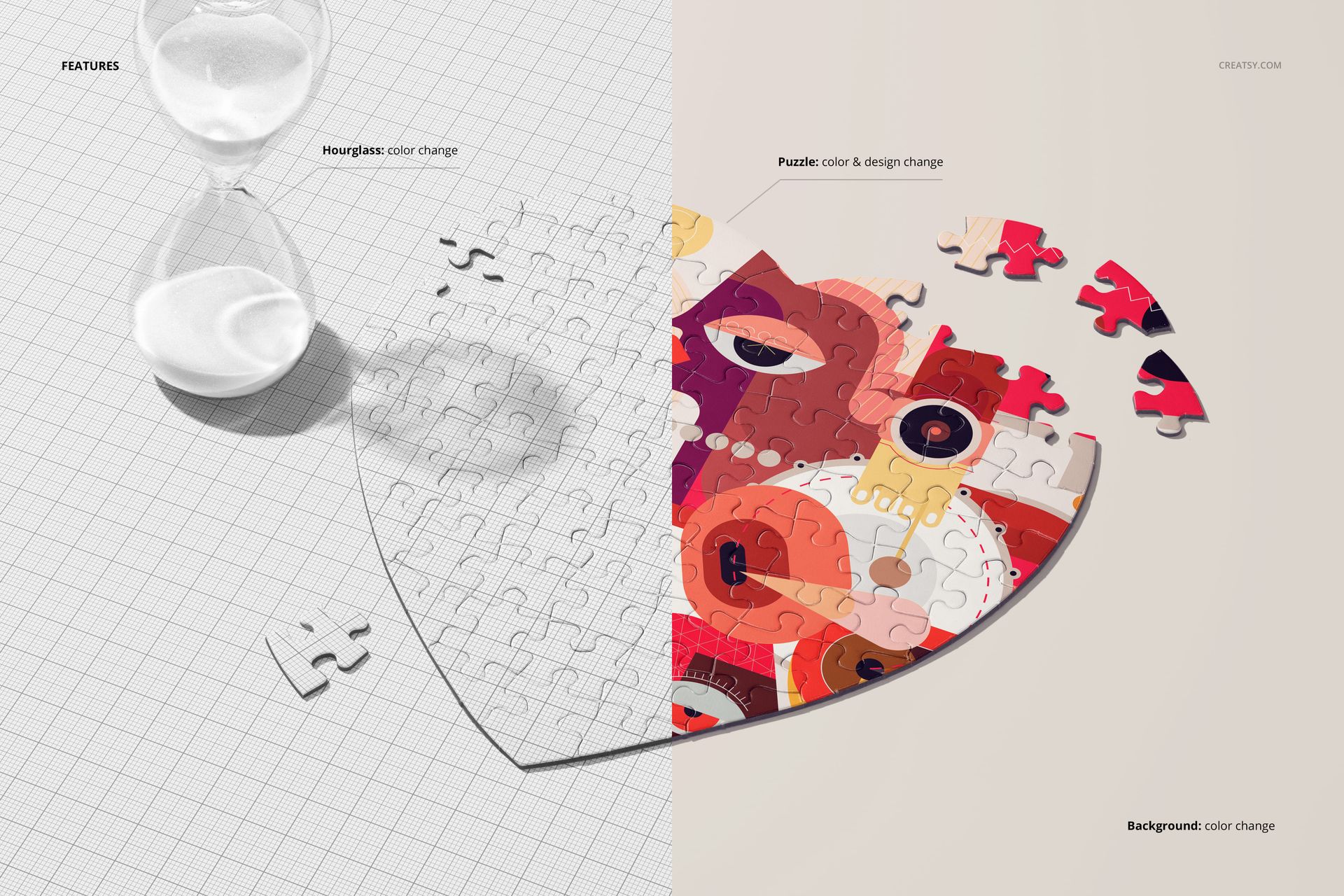 Unfinished heart-shaped jigsaw puzzle mockup shown from a top view, with half the puzzle completed in colorful abstract patterns.