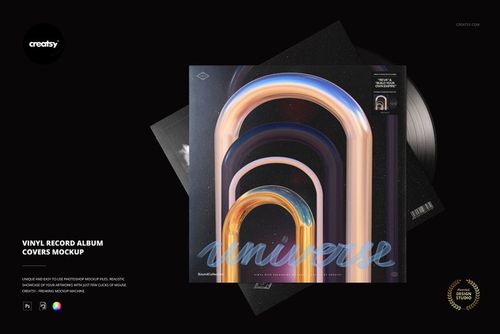 Vinyl record album mockup showing colorful abstract arches on the cover, with one record partially visible behind.