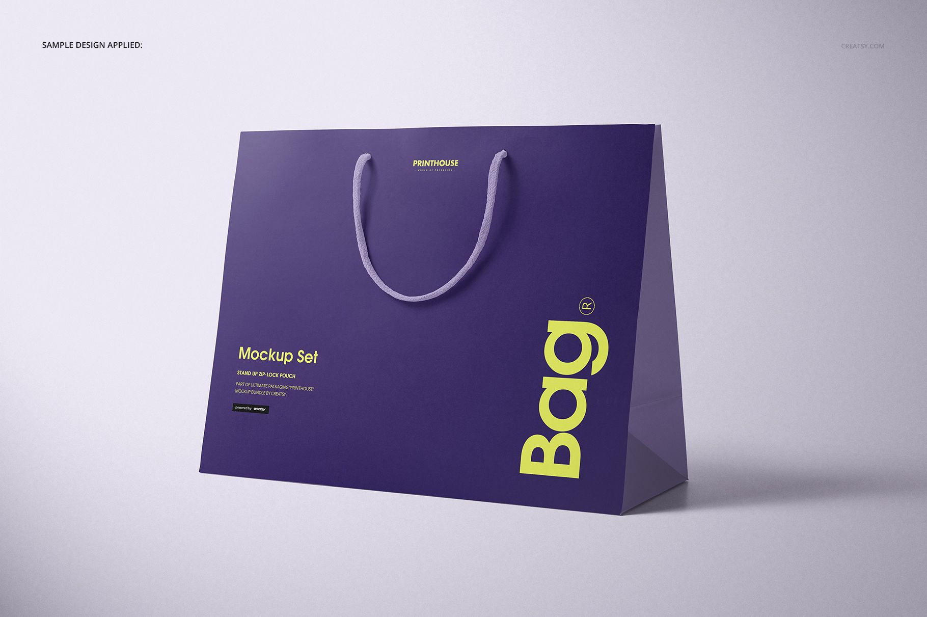 Eurotote bag mockup featuring a rectangular purple bag with rope handles, front view on a light background.