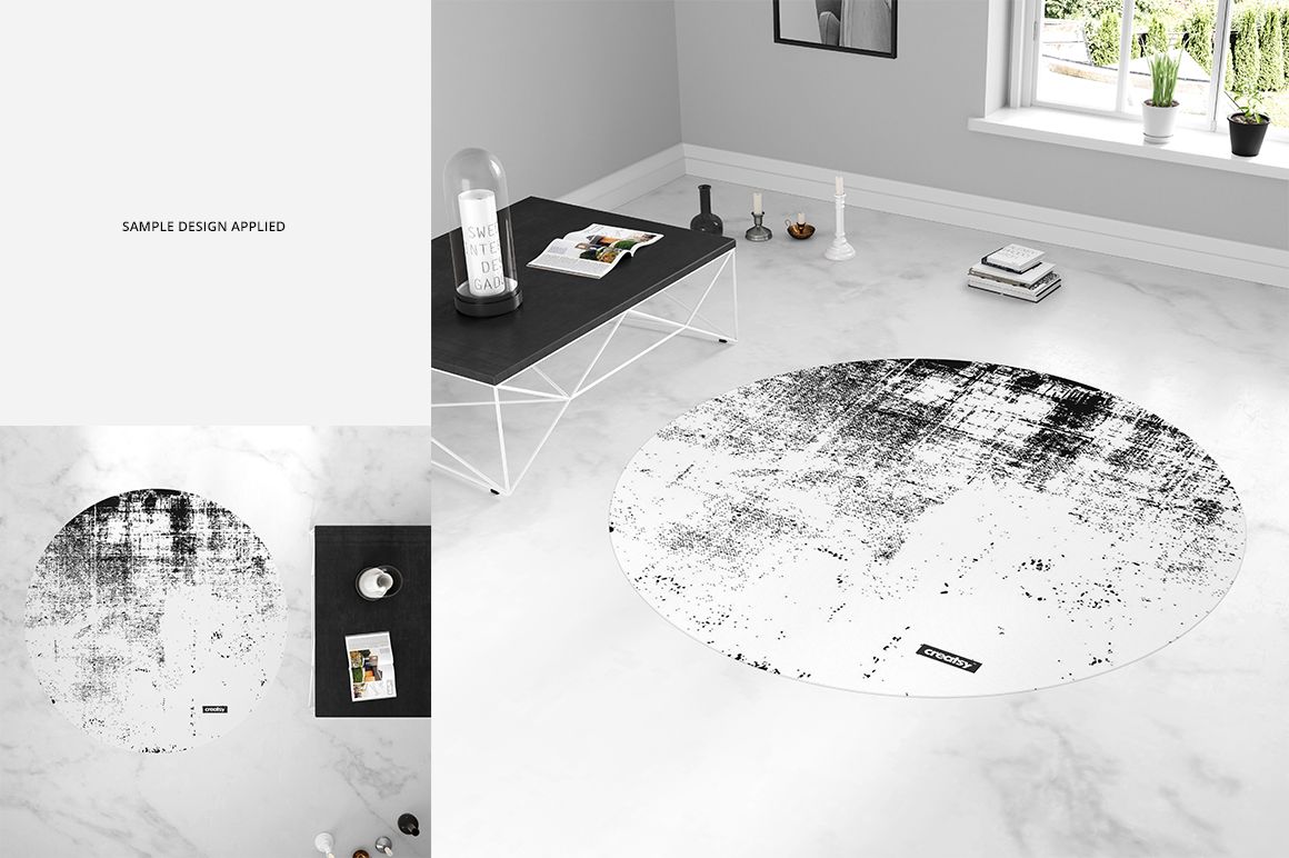 Room Scene Carpet PSD mockup showing a round rug with a monochrome print in a contemporary interior setting.