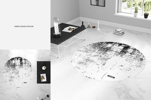 Room Scene Carpet PSD mockup showing a round rug with a monochrome print in a contemporary interior setting.