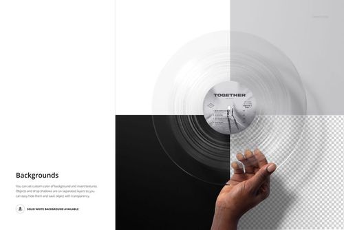 PSD mockup featuring a clear vinyl record with a custom center label, displayed against a segmented backdrop.