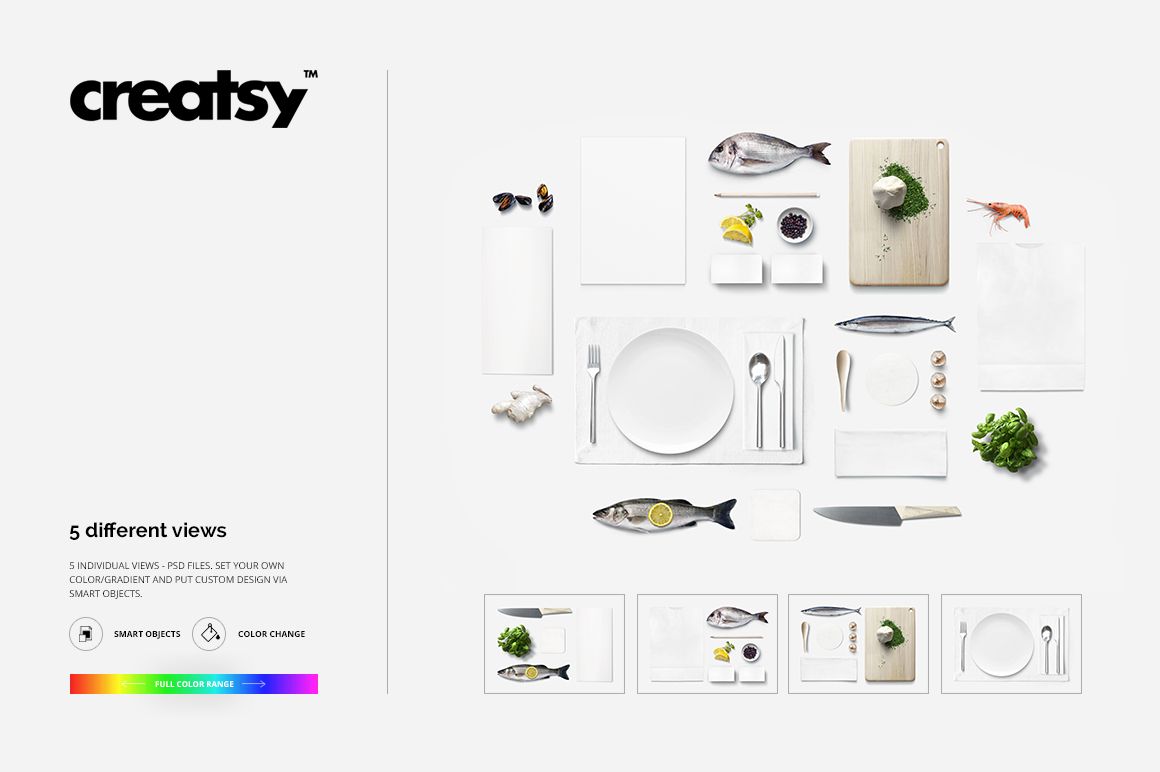 Top view of seafood restaurant table mockup with fish, plate, utensils, cutting board, and fresh ingredients on white background.