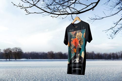 Front view of a Bella Canvas 3001 t-shirt mockup with a vibrant flower design, displayed outdoors in a winter landscape.