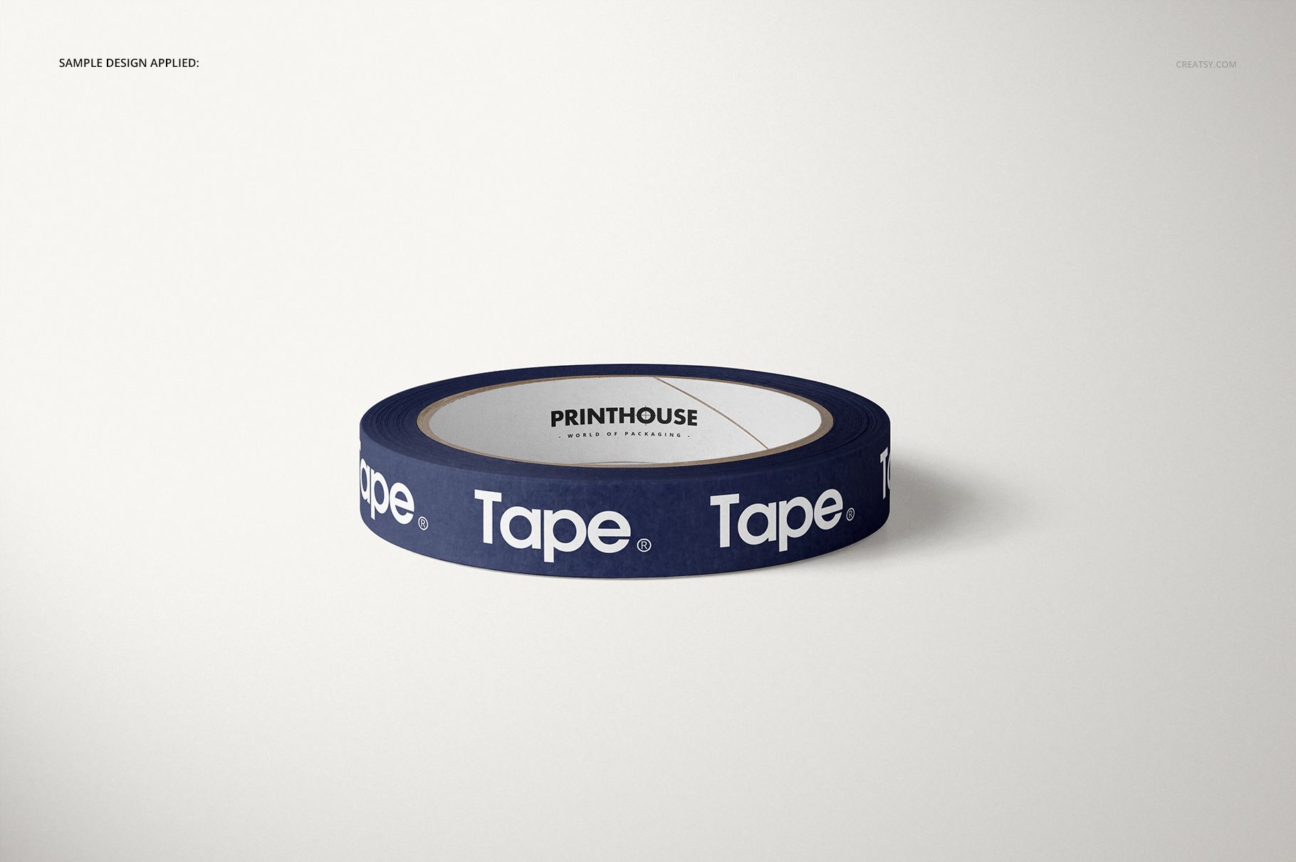 Packing tape mockup featuring a roll of dark blue tape with white text, displayed on a plain light background.
