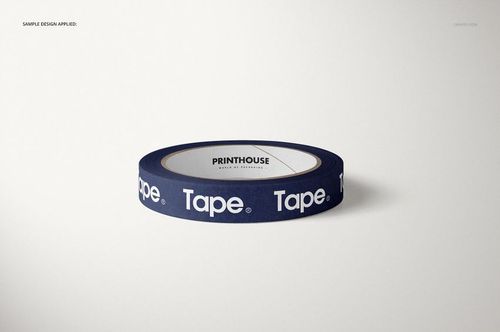 Packing tape mockup featuring a roll of dark blue tape with white text, displayed on a plain light background.