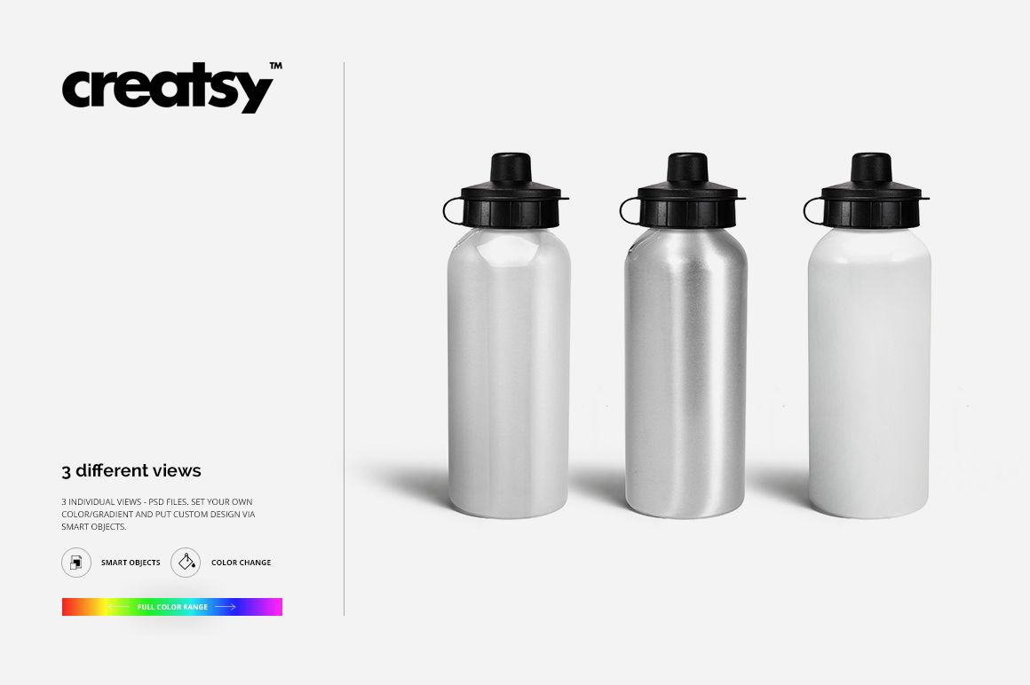 Three aluminum water bottles with black caps displayed upright on a white background, shown from a front perspective.