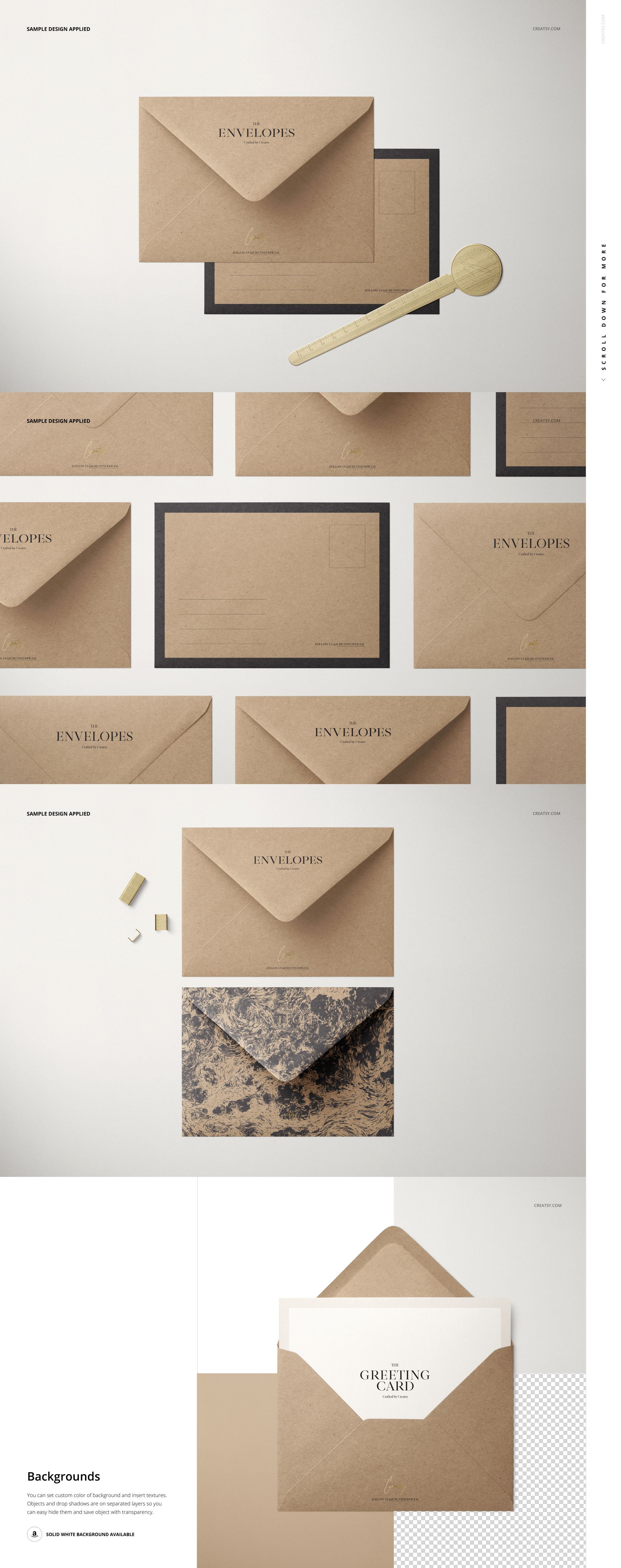 Stationery mockup featuring kraft envelopes and cards arranged on a light surface with minimal props and shadows.