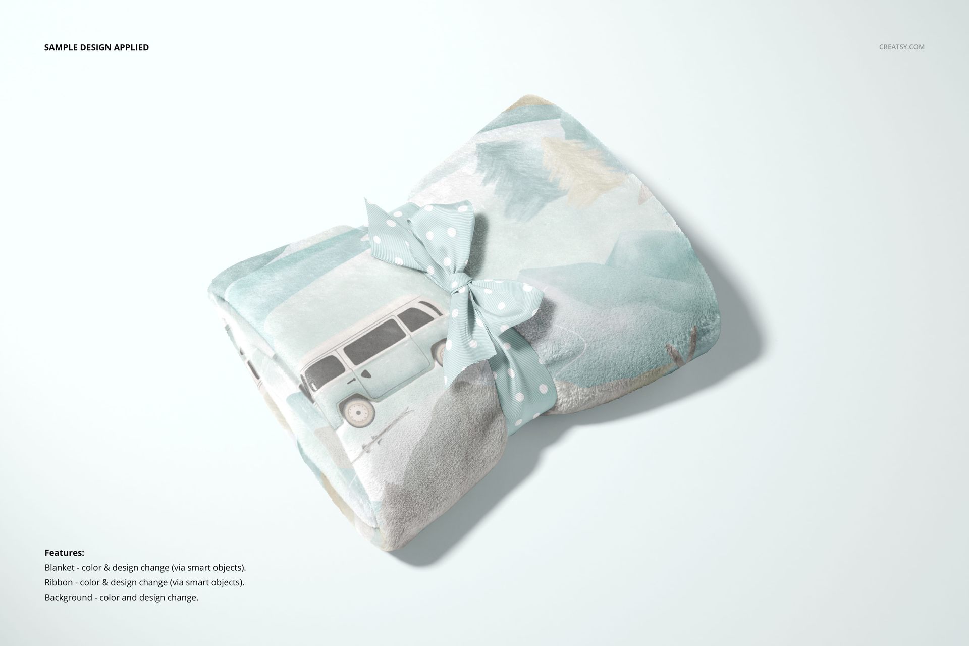 30x40 fleece blanket mockup featuring a soft pastel design and a blue ribbon, displayed from a top angle on a plain background.