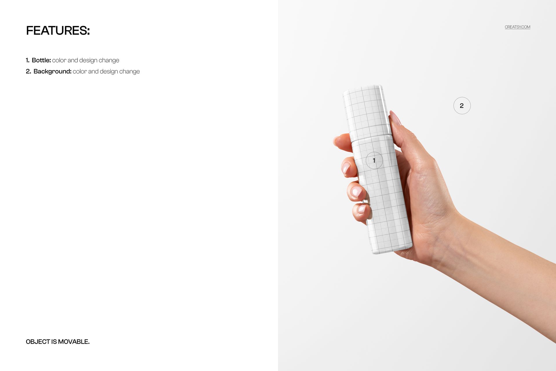 Close-up of a person’s hand gripping a cosmetic bottle mockup featuring a white grid design, minimal background.