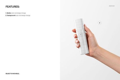 Close-up of a person’s hand gripping a cosmetic bottle mockup featuring a white grid design, minimal background.