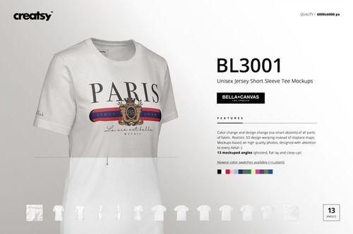 Front view of a white unisex short sleeve tee with Paris-themed graphic, displayed as a PSD mockup on a light background.