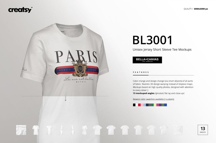 Front view of a white unisex short sleeve tee with Paris-themed graphic, displayed as a PSD mockup on a light background.