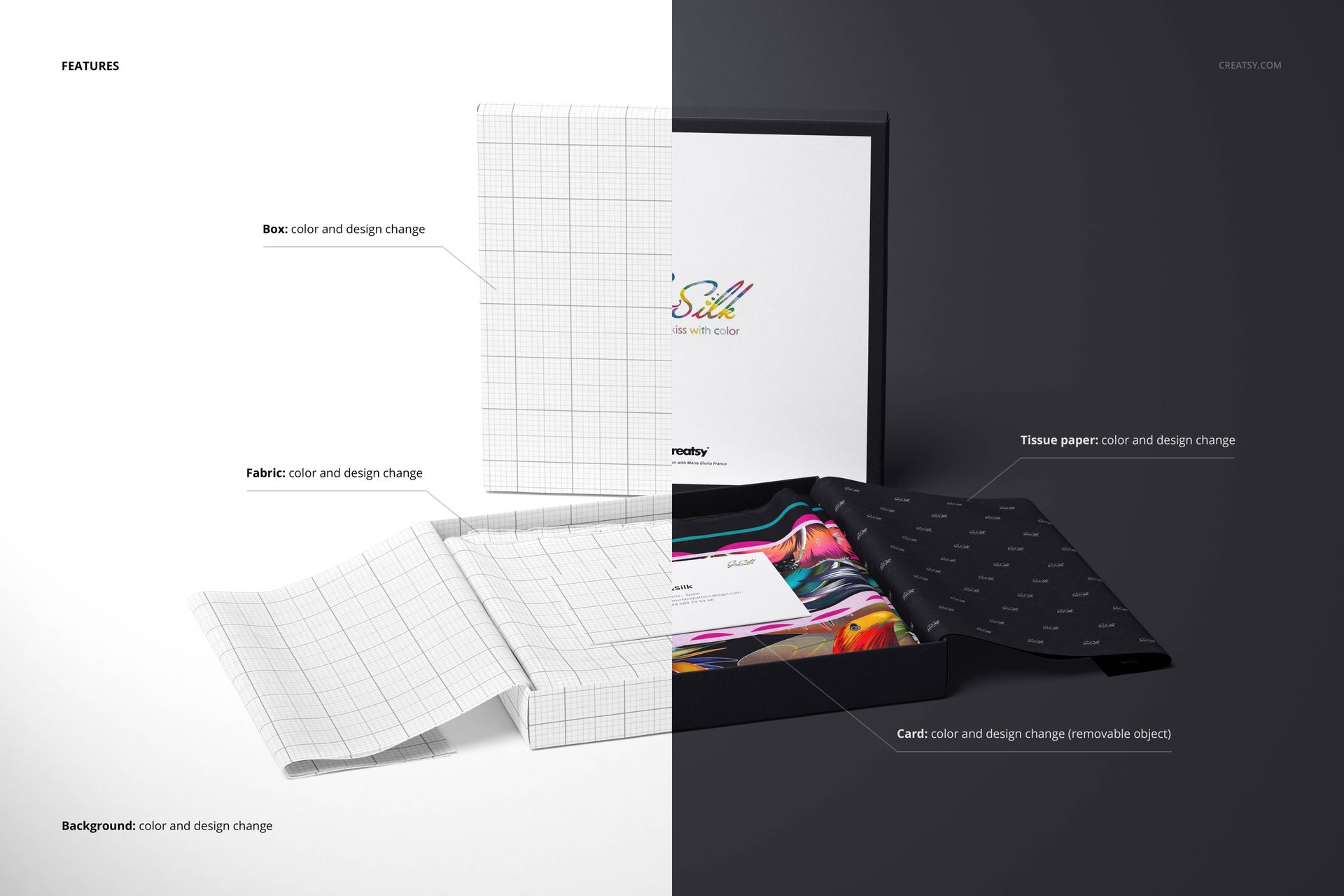 Lightweight cashmere scarf mockup set showing a square scarf, box, tissue paper, and card in split view layout.