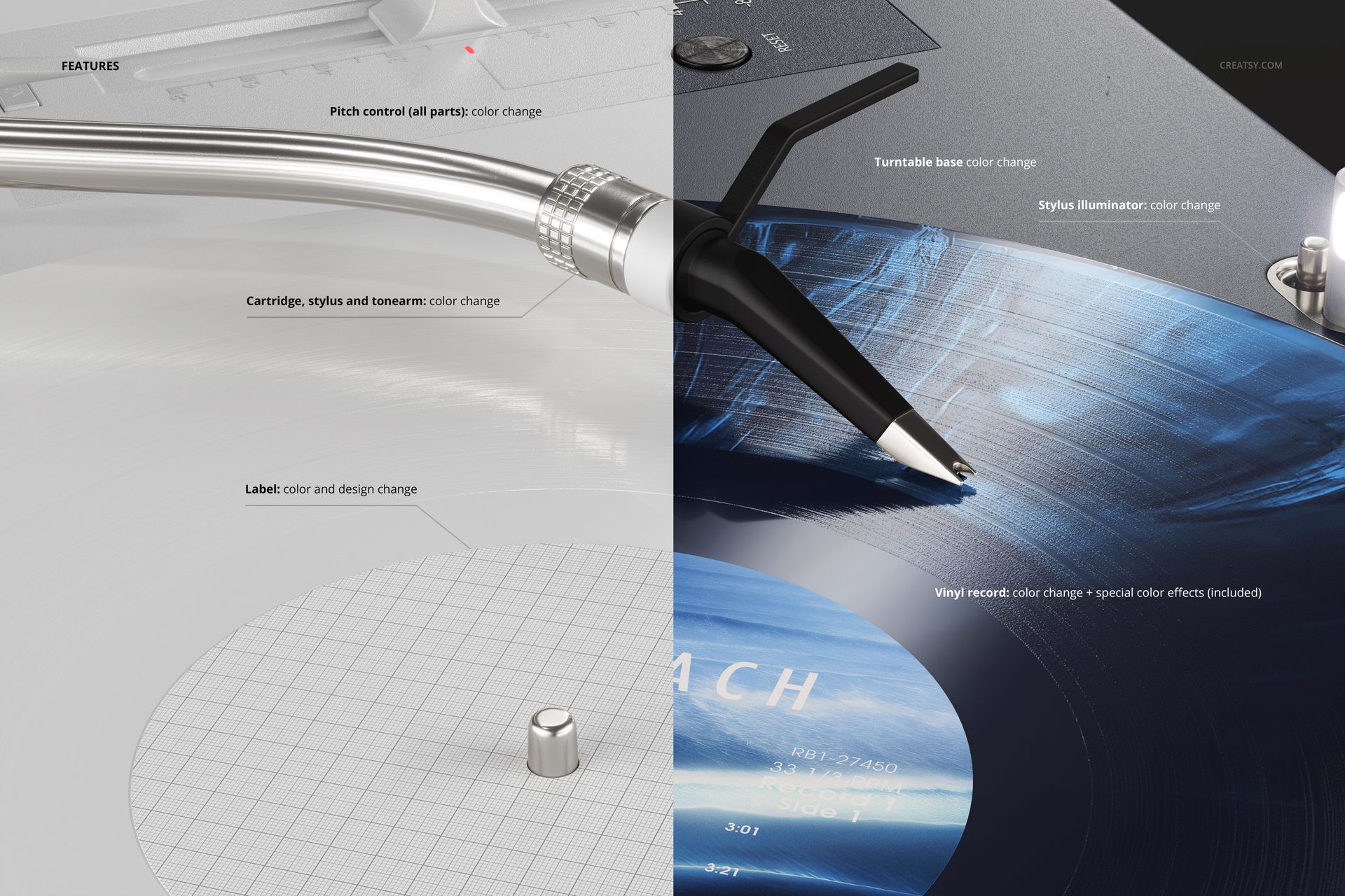 PSD mockup featuring a vinyl record on a turntable, with visible tonearm, label area, and realistic lighting effects.